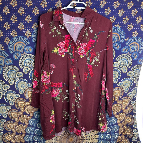 Floral burgundy button up tunic blouse - Picture 1 of 9